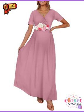 Maternity Maxi Dress Long Sleeve V Neck Baby Shower Photoshoot